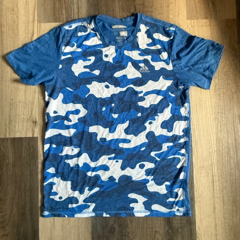 Adidas Blue Camo Mesh Performance Shirt Men’s Size M Athletic Gym Training Tee